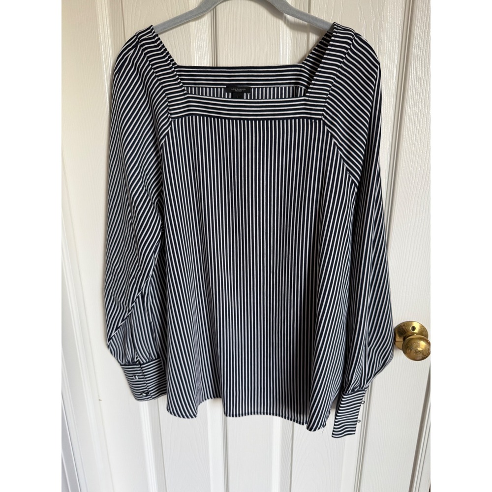 Ann Taylor Navy White Striped Square Neck Blouse Long Sleeve Size L